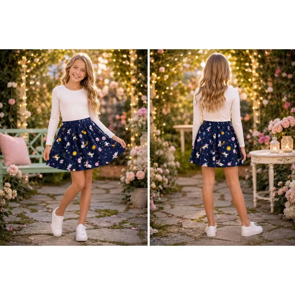 Lands' End Girls Navy Unicorn Galaxy Print Knit Skater Skirt Size M 10-12